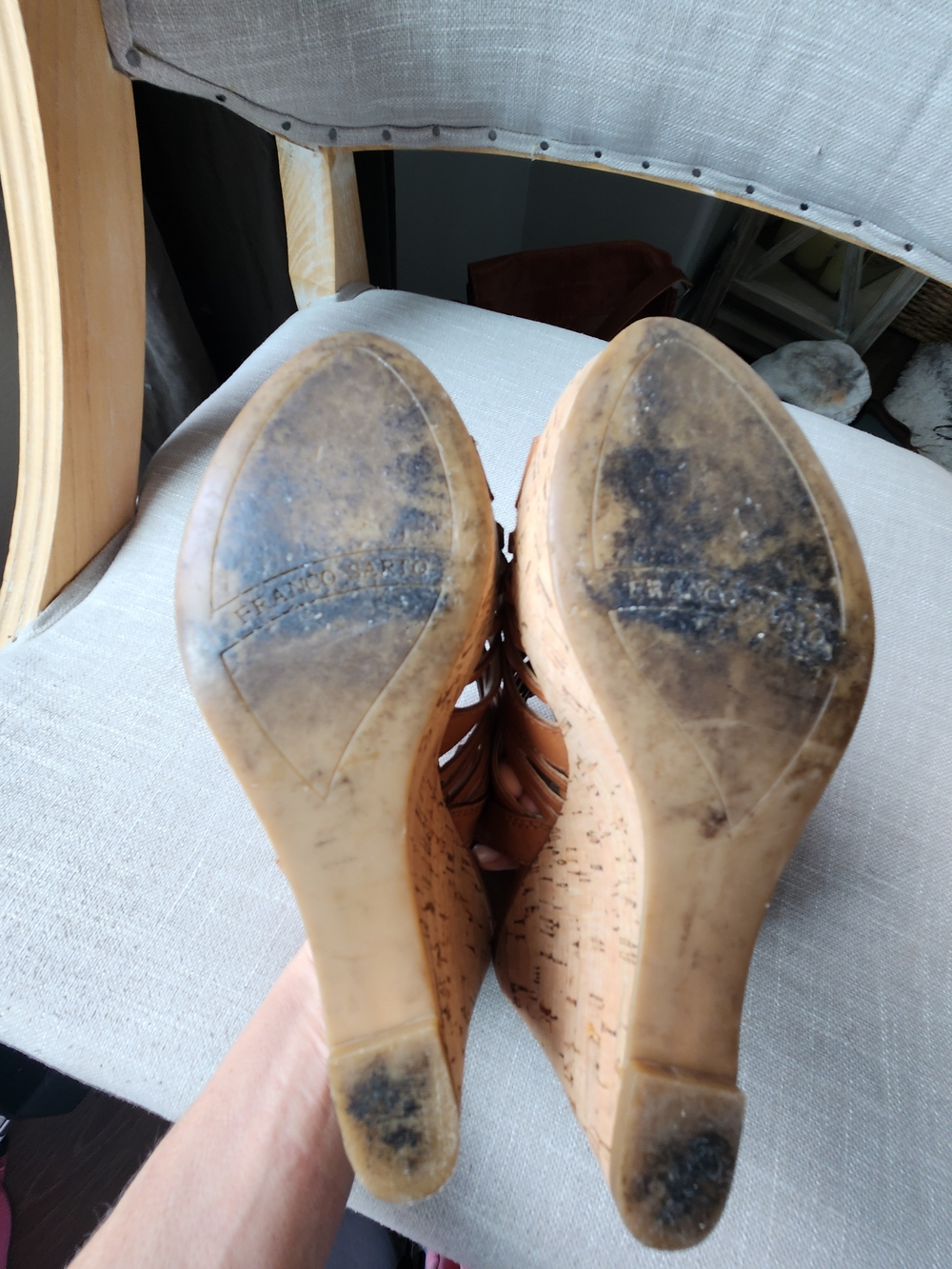 Franco Sarto Tan Leather Wedge Sandals 7.5 "Sharp" Strappy Exellent Cond Congnac - Picture 10 of 10